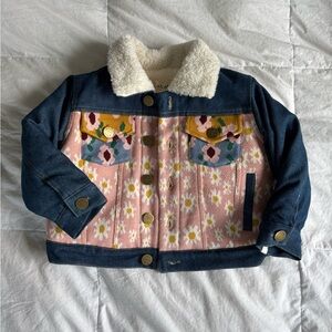 Floral Denim Kids Jacket with Sherpa Collar